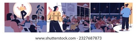Comedians on stage at open mic, microphone. Happy people telling jokes at standup comedy show, night concert. Speakers with mikes and laughing audience at stand-up event. Flat vector illustration