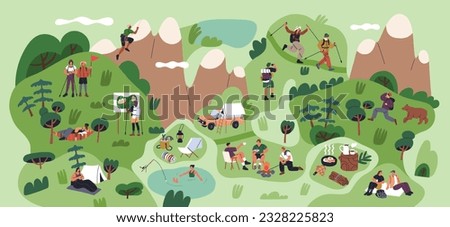 Tourists travel. Camping, hiking, trekking, backpacking tourism concept. Summer trips, expeditions, adventures in nature, forest, mountains. Backpacker, hikers on holiday. Flat vector illustration