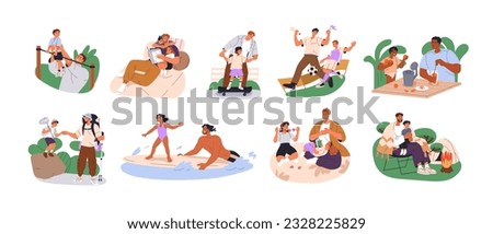Fathers and children set. Happy dad spending time with kids. Daddy together with son, daughter at leisure, holiday. Fatherhood concept. Flat graphic vector illustrations isolated on white background