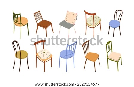 Chair design in modern style. Comfortable trendy home furniture set. Padded and solid cozy seats with backs, rails, cushions, upholstery. Flat vector illustrations isolated on white background