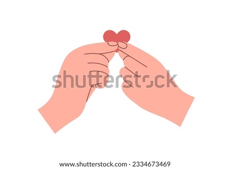Two hands hold red heart together, share love. Romantic relationship, help, care, charity, support, hope concept. Compassion and donation symbol. Flat vector illustration isolated on white background