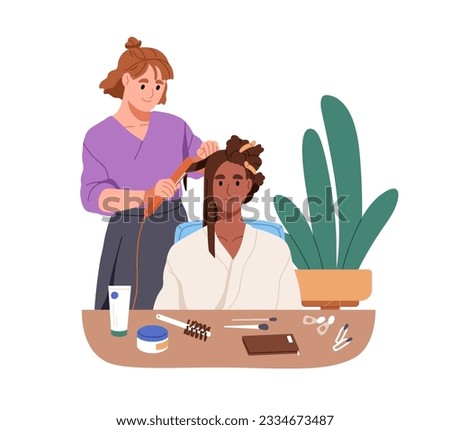 Hairstylist styling, straightening clients hair. Hairdresser doing hairstyle, hairdo with straightener tongs. Woman customer at beauty salon. Flat vector illustration isolated on white background