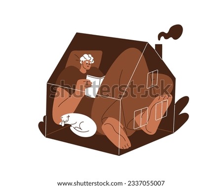Man reading book at home. Bookworm, keen reader with interesting literature at leisure, relaxing inside cozy house. Person resting in evening. Flat vector illustration isolated on white background