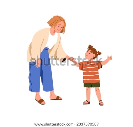 Mother listening to girl kid, telling, pointing with finger, asking for help, complaining. Mom and child daughter, communication concept. Flat graphic vector illustration isolated on white background