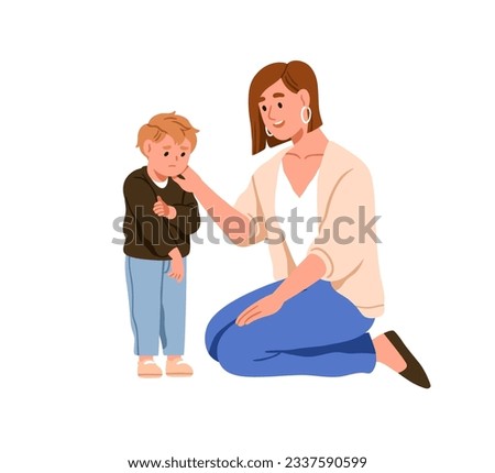 Mother supporting, comforting injured boy kid. Mom caring about child, talking son. Parent and toddler communication, relationship concept. Flat vector illustration isolated on white background