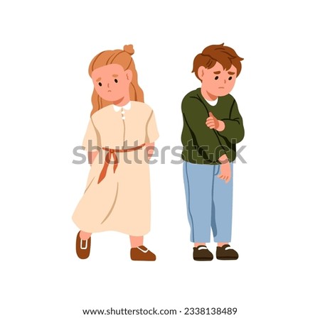 Children quarrel, conflict. Offended sad boy and girl feeling guilty. Upset kids friends, brother and sister in negative relationship. Flat graphic vector illustration isolated on white background