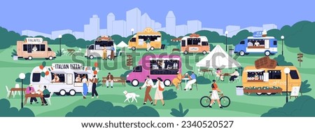 Street food festival in city park. Trucks, mobile cafes in auto, vans with takeaway snacks. People at public fair with car kiosks on summer holiday. Urban fest panorama. Flat vector illustration