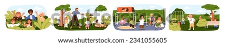 Children play hide and seek outdoors, funny kids game. Happy preschool boys and girls, fun leisure in nature, park, kindergarten playground. Flat vector illustrations set isolated on white background