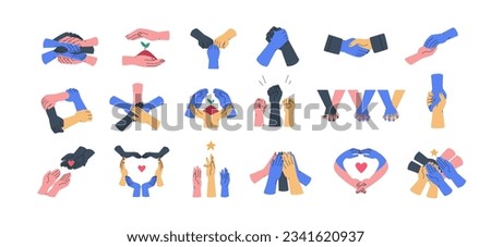 Hands groups holding together. Care, support concept. Fists up, palms stack, group greeting, handshake, team making heart, circle shape. Flat graphic vector illustrations isolated on white background