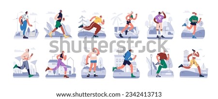 People jogging set. Active healthy joggers. Men, women runners running, training outdoors. Sport characters exercising, physical cardio workout. Flat vector illustrations isolated on white background.