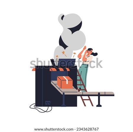 Manufacture accident, explosion, smoke at production factory. Broken unsafe equipment, exploded machine, bang in dangerous industry. Flat graphic vector illustration isolated on white background