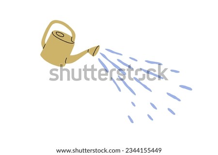 Watering can, pot sprinkling, pouring, spraying drops. Gardening sprinkler, shower for growing plants. Agriculture, horticulture tool. Flat vector illustration isolated on white background