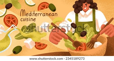 Mediterranean cuisine banner, culinary background. Chef cooking Greek vegetable salad, mixing food ingredients. Woman cooks vegetarian dish, eating with tomato, olives. Flat vector illustration