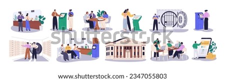 Clients in bank office set. Finance services at desk, ATM, counter with cashier, safe deposit box, consultant at table, financial building. Flat vector illustrations isolated on white background