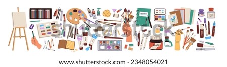 Art supplies, tools set. Paints palettes, brushes, pencil kit, pen, sketchbook, easel and canvas. Painters equipment, drawing stationery. Flat graphic vector illustrations isolated on white background