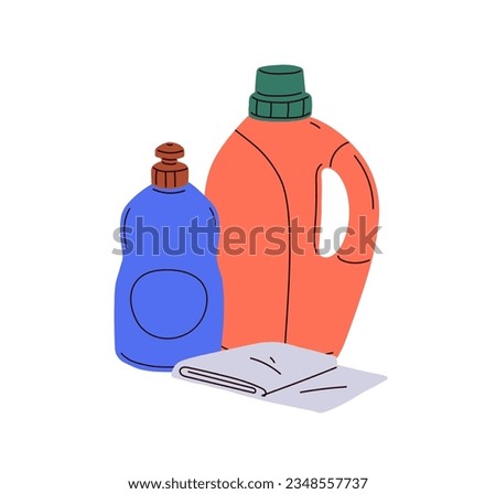 Cleaning chemicals, home detergents in plastic bottles and wiper. Washing cleansing sanitary liquid products, supplies in packages, containers. Flat vector illustration isolated on white background