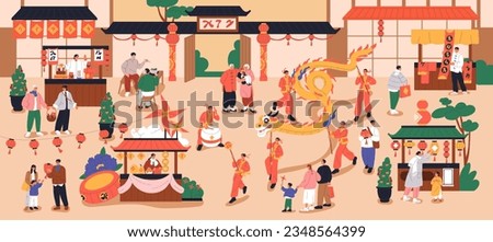 Chinese New Year celebration at fair, festival on city street. People celebrating Asian lunar holiday in China town with oriental lanterns decoration, dragon, market stalls. Flat vector illustration