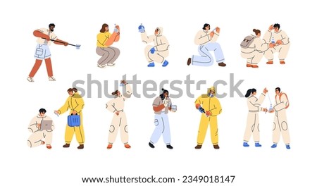 Scientists take samples for science research, test water quality. Collecting aqua into glass tubes, flasks for infection virus analysis. Flat graphic vector illustrations isolated on white background