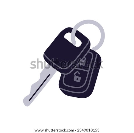 Car key with remote control. Auto keyring, keychain, electronic transponder with locking, unlocking buttons for opening, closing automobile door. Flat vector illustration isolated on white background