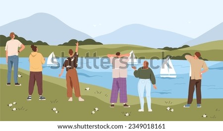 People watching sailboats floating on lake water. Men, women enjoying summer landscape, nature view. Characters standing on river bank, looking, observing sail boats. Flat vector illustration