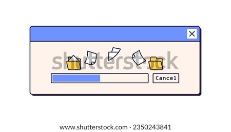 File copy, save process, window in retro style. 90s UI design. Data and information, documents moving between computer folders, progress. Flat graphic vector illustration isolated on white background