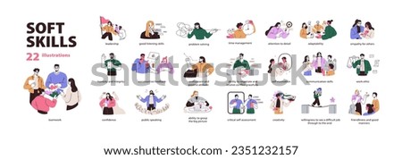 Soft skills for business, work, career. Personality abilities set. Communication, empathy, time-management, leadership, teamwork, problem solving. Flat vector illustration isolated on white background