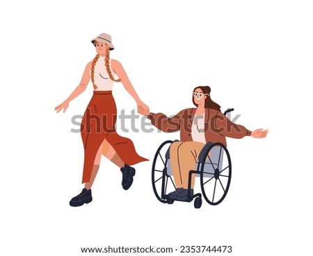 Happy girls friends, woman in wheelchair. Females couple walking, holding hands, girlfriend in wheel chair, person with physical disability. Flat vector illustration isolated on white background