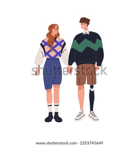Happy love couple. Man with disability, prosthetic artificial leg, bionic prosthesis and woman. Young enamored romantic people holding hands. Flat vector illustration isolated on white background.