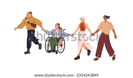 Inclusive friends group. Happy diverse people together, men, woman in wheelchair, person with disability, holding hands, walking, communication. Flat vector illustration isolated on white background.