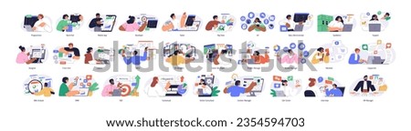 Information technology business, work in internet, big set. Software development, 3d and web design, programming, marketing in IT agency. Flat graphic vector illustrations isolated on white background