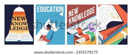 Education posters designs with books. Promo card backgrounds set for school, university, training course, library. Knowledge, study and literature, promotion flyers. Flat graphic vector illustrations