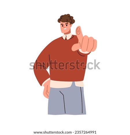 Happy person pointing with finger, picking you, gesturing with hand. Smiling business man, office worker showing forward in front of him. Flat graphic vector illustration isolated on white background