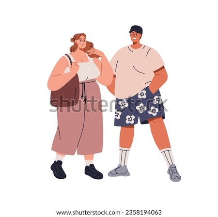Happy couple, fat woman and chubby man talking. Young plus-size chunky overweight people standing, speaking. Friends conversation, communication. Flat vector illustration isolated on white background