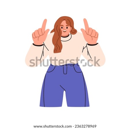 Happy woman showing, pointing up with fingers. Smiling excited person advertising, promoting, presenting something, gesturing with hands. Flat vector illustration isolated on white background