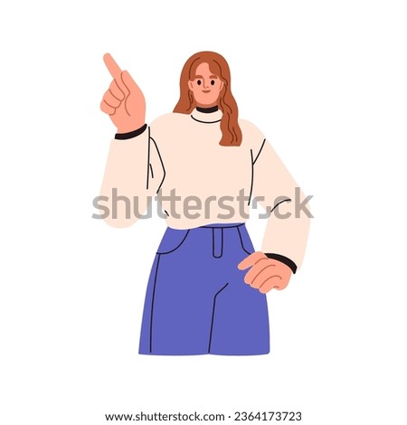 Woman pointing up and aside. Happy smiling girl showing something with hand gesture, index finger. Person presenting, indicating, advertising. Flat vector illustration isolated on white background