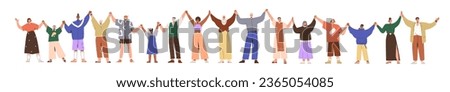 People holding hands in row, standing together. Diverse different men, women, kids group in chain, line. Community, unity, togetherness concept. Flat vector illustration isolated on white background