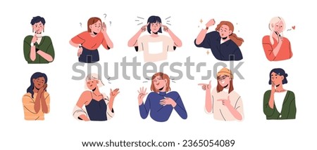 Girl character with different face expressions, hand gestures. Young women, happy, puzzled, surprised emotions. Female expressing moods. Flat graphic vector illustrations isolated on white background