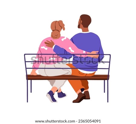 Love couple sitting on bench, hugging, back view. Man and woman embracing from behind. Romantic male and female valentines together. Flat graphic vector illustration isolated on white background