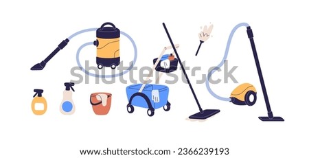 Cleaning equipment set. Vacuum cleaner, mop, detergents in bottles, brush, household trolley, bucket for cleanup, housework. Washing supplies. Flat vector illustrations isolated on white background