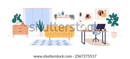 Living room interior with home office. Modern apartment, computer desk, table, sofa. Couch, workplace, wall posters, house plants and window. Flat vector illustration isolated on white background