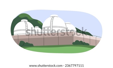 Industry and nature. Industrial plant, station, construction behind fence with storage tanks, spherical cisterns, pressure vessels, reservoirs. Flat vector illustration isolated on white background