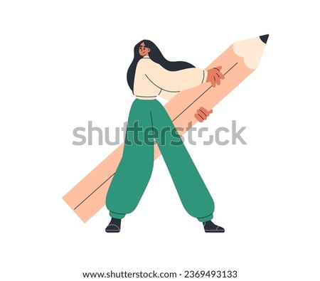 Person holding big pencil. Tiny girl with drawing, writing tool in hands. Editor, author, copywriter, creative woman taking notes, sketching. Flat vector illustration isolated on white background