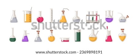 Laboratory glassware set. Lab flasks, beakers, test tubes for chemistry science. Glass containers, chemical liquids, substance, reagent. Flat graphic vector illustrations isolated on white background