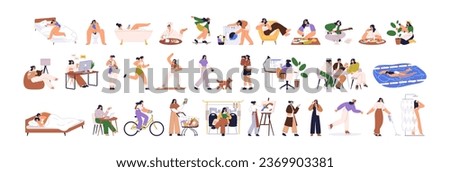 Women daily routine set. Womans day, work and leisure, relax. Girls everyday life from morning till night with hobbies, workout, friends. Flat graphic vector illustrations isolated on white background