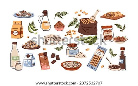 Soy products set. Soya protein food. Tofu, beans, alternative milk, vegetarian meat. Vegan cheese, chocolate, soybeans, sprouts, tempe. Flat graphic vector illustrations isolated on white background