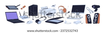 Computer accessories set. PC equipment, devices. Keyboard, mouse, headset and headphones, microphone, router, scanner and printer gadgets. Flat vector illustrations isolated on white background