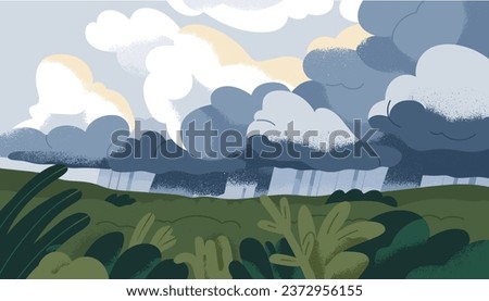 Sun behind rainy clouds, overcast cloudy sky and downpour. Weather change. Landscape background, nature scenery with heavy rain, storm and sunlight rays after rainclouds. Flat vector illustration