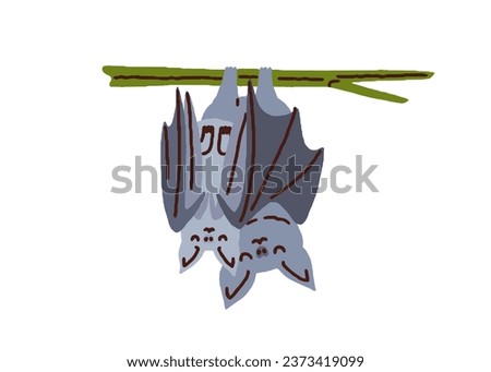 Cute bats hanging and sleeping upside down. Vampire animals family, mother and baby. Funny mom and kid, night creatures couple, asleep. Flat vector illustration isolated on white background