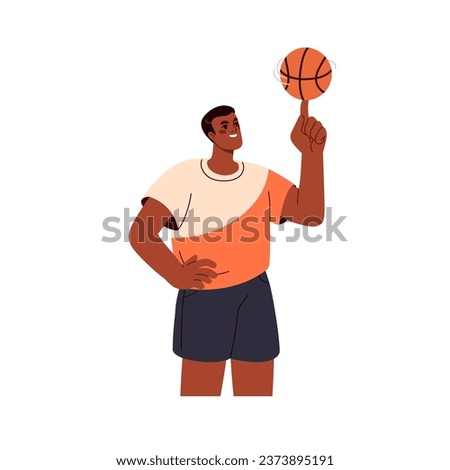 Basketball player spinning, rotating, swirling ball on finger, hand. Happy black man athlete, sportsman skill, entertainment, fun. Flat vector illustration isolated on white background