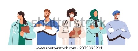 Doctors team, medical group portrait. Hospital workers, diverse multi-ethnic practitioners, personnel, healthcare staff, men and women. Flat graphic vector illustration isolated on white background